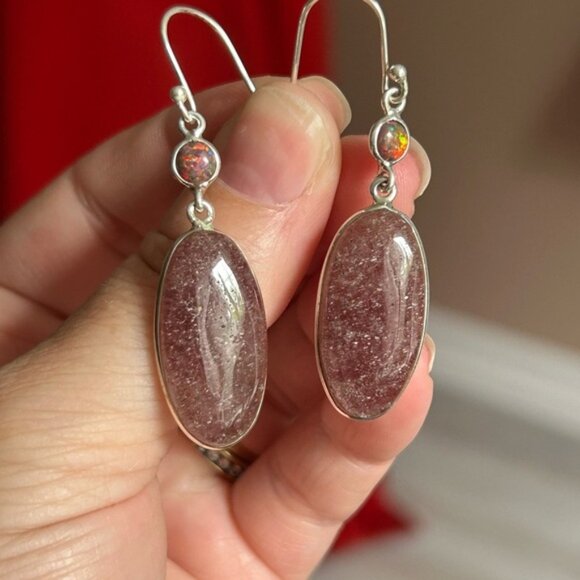 Sunstone and fire amber sterling silver earrings 🎁 - Picture 3 of 5